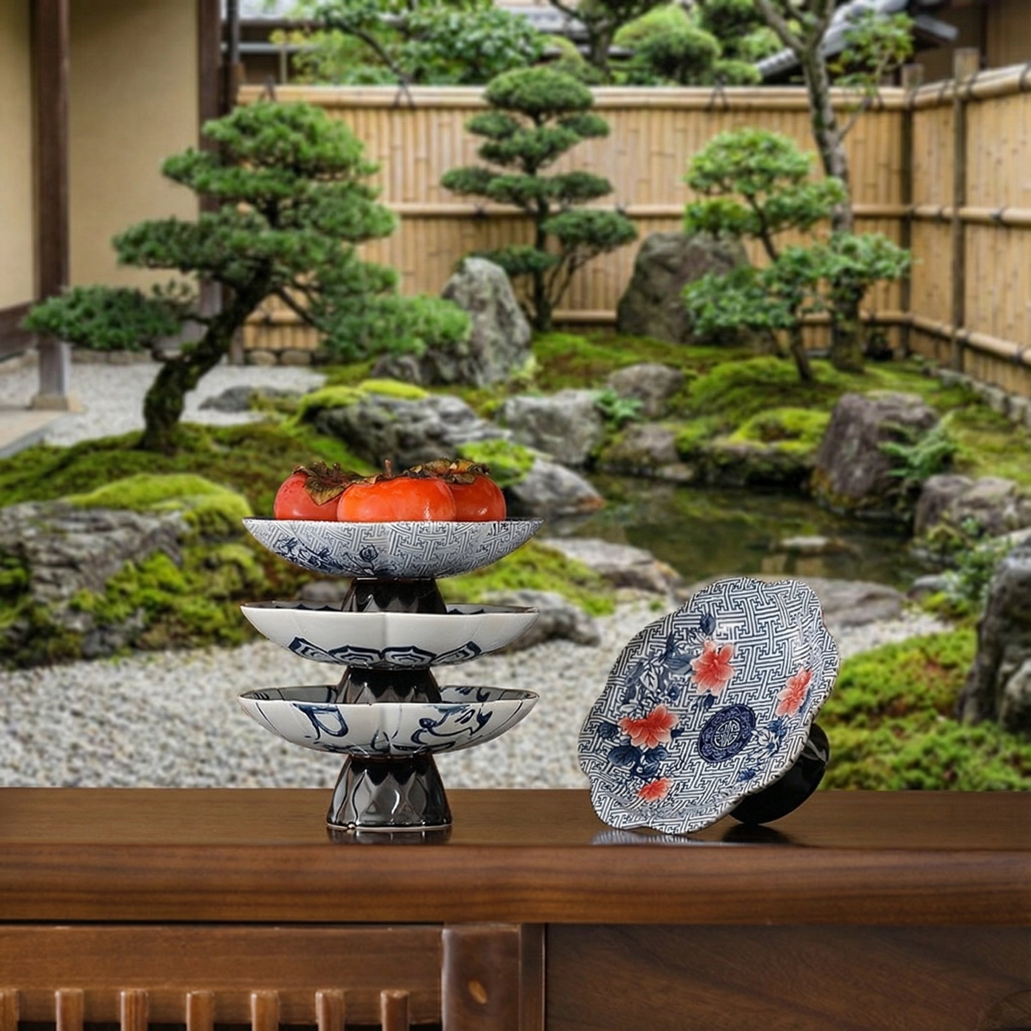 Elegant Ceramic 3-Tier Fruit Stand with Floral Plate
