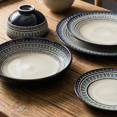 Elegant Ceramic Dinner Plate Set with Intricate Blue and Black Geometric Patterns
