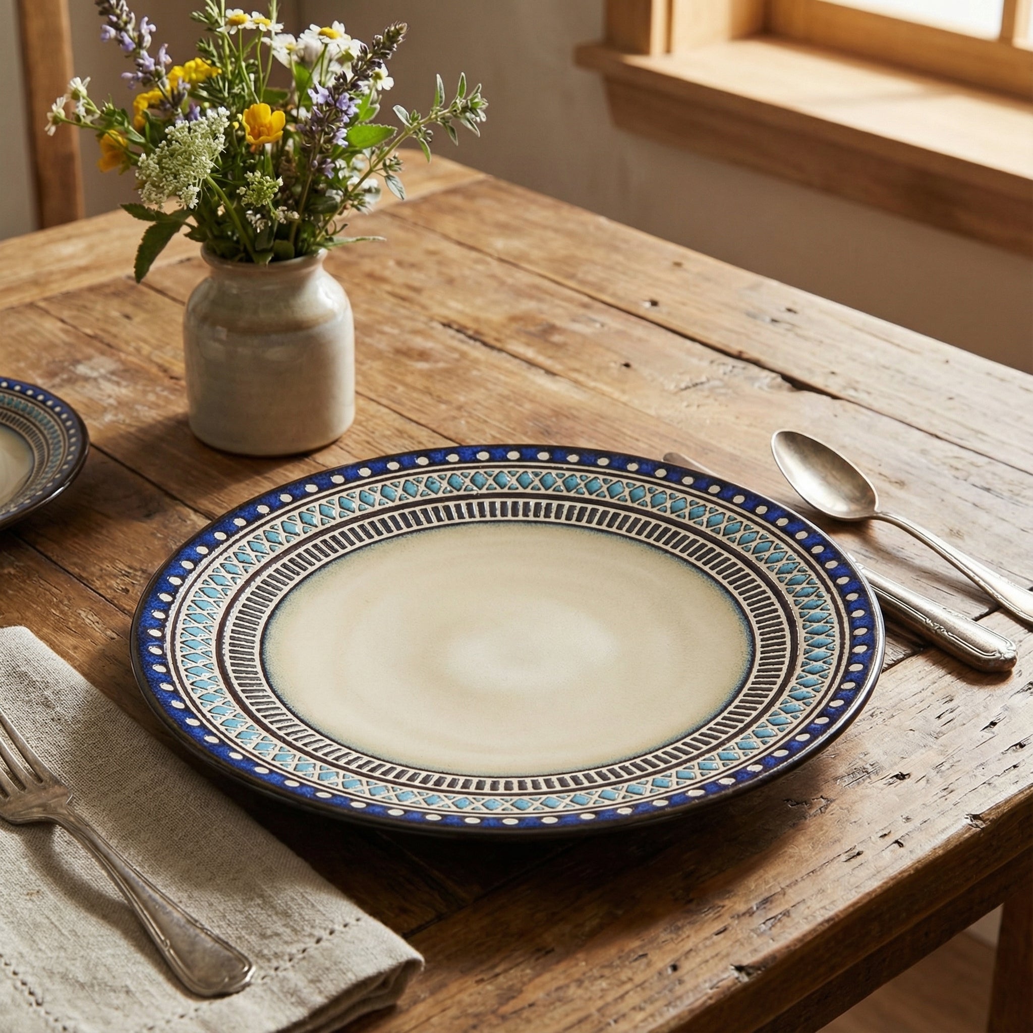 Elegant Ceramic Dinner Plate Set with Intricate Blue and Black Geometric Patterns