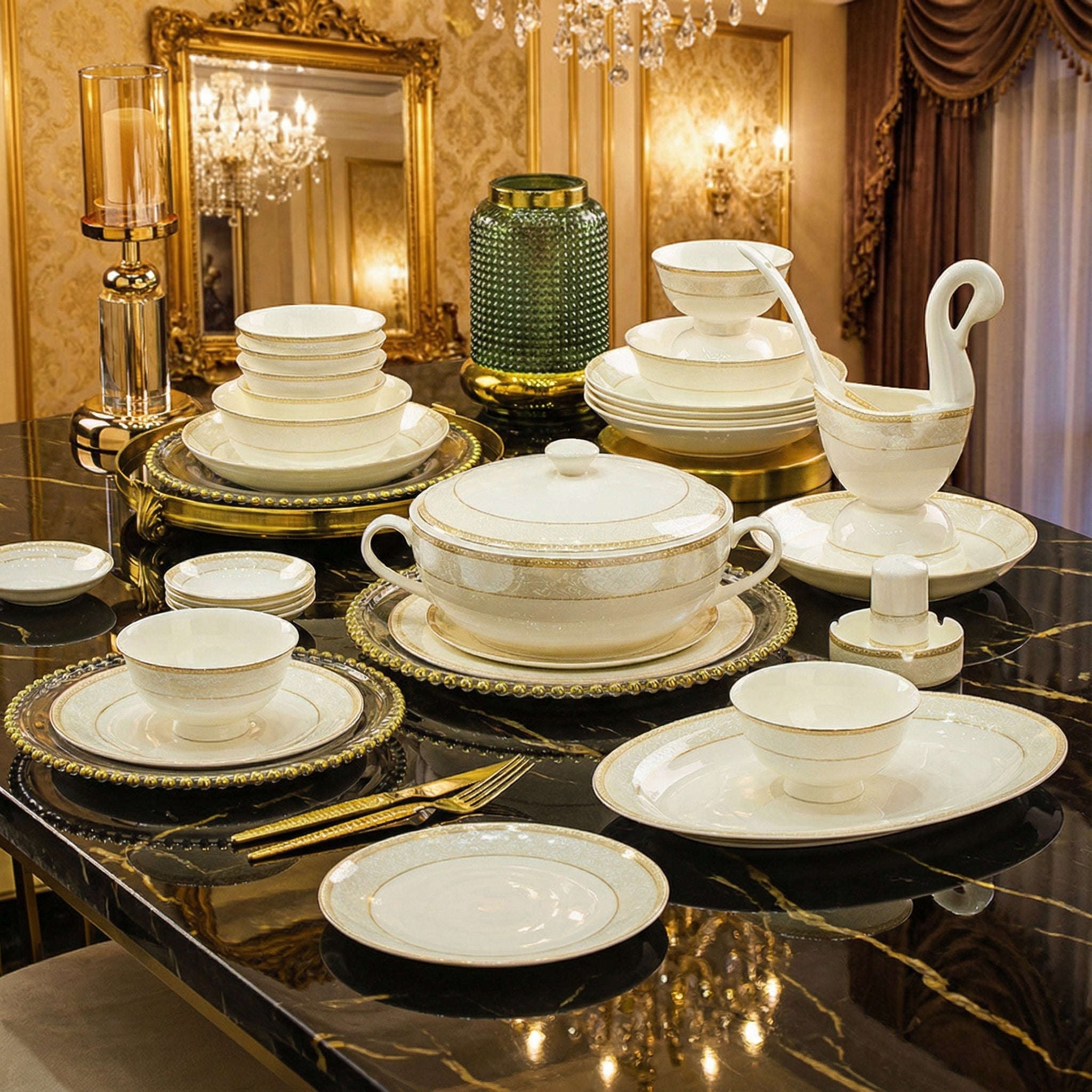 Luxury 24-Piece Ceramic Dinnerware Set with Elegant Gold Rim